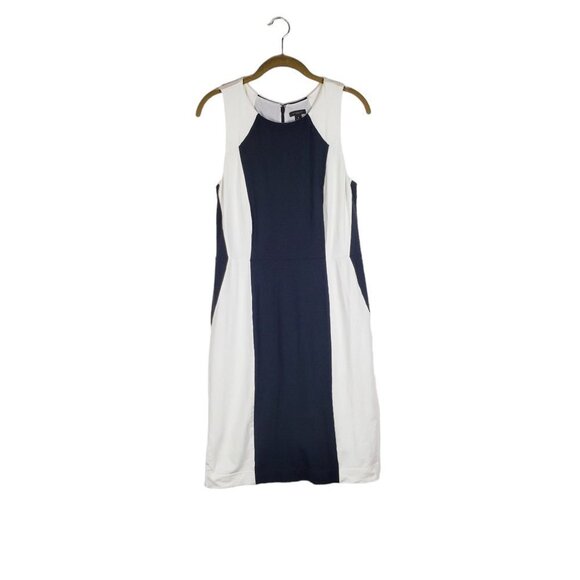 Ann Taylor Dress Slimming Colorblock Shaping Navy White Jersey Sheath Size 8 - Picture 1 of 6